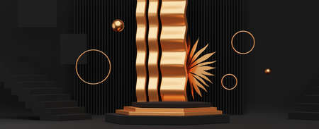 3d interior with podium, horizontal background for product presentation. Blank product stand black and golden color with ring, wave and palm leaf. Advertising place with pedestal or platformの写真素材