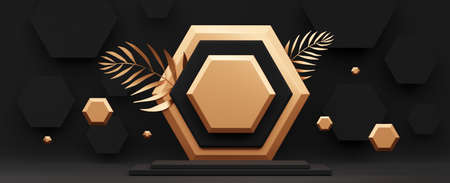 3d horizontal background for product presentation, interior with podium. Advertising place with pedestal or platform. Blank product stand black and golden color with palm tree leaf and hexagonの写真素材