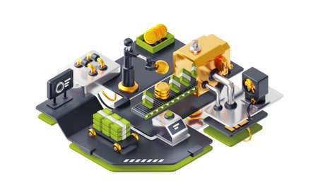 3d illustration of factory machine with conveyor and engineering robot arm sorting banknote. Bank technology of money manufacture at automatic conveyor belt of factory lineの写真素材