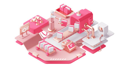 3d illustration of factory machine with conveyor and engineering robot arm sorting cute box....