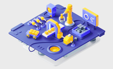 3d illustration of factory machine with conveyor and engineering robot arm picking up metal box. Technology of modern industrial manufacture at automatic conveyor belt of factory lineの写真素材