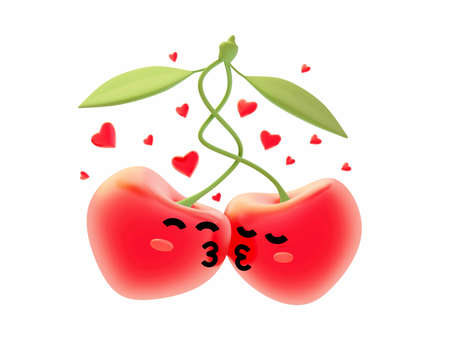 Happy valentine day illustration with 3d red sweet kiss cherry on white background with heart. Holiday romantic design of cherry for greeting card, poster, bannerの写真素材