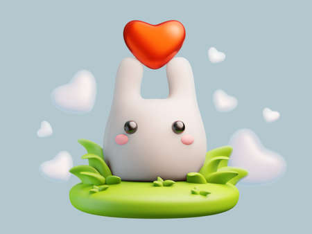 Happy valentine day illustration with 3d small sweet rabbit with heart on color background with grass. Holiday romantic design of bunny for greeting card, poster, bannerの写真素材