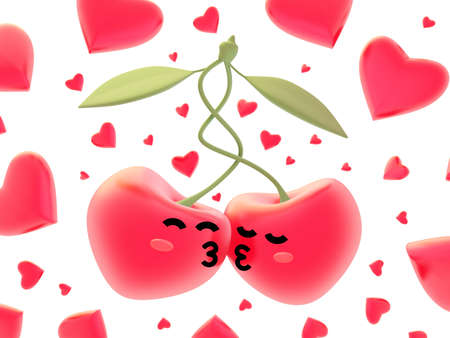 Happy valentine day illustration with 3d red sweet kiss cherry on white background with a lot of heart. Holiday romantic design of cherry for greeting card, poster, bannerの写真素材