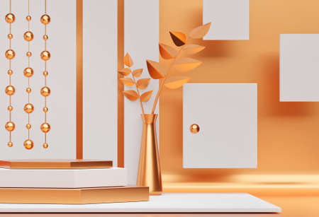 3d background for product presentation, interior with podium. Advertising place with pedestal or platform. Blank product stand white and golden color with vaseの写真素材