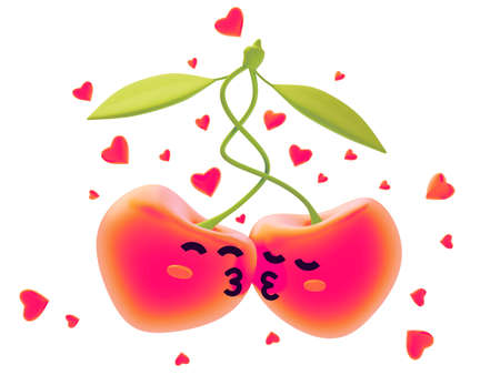 Happy valentine day illustration with 3d red sweet kiss cherry on white background with heart. Holiday romantic design of cherry for greeting card, poster, bannerの写真素材
