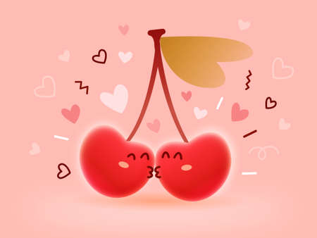 Happy valentine day illustration with red sweet kiss cherry on pink background with heart. Holiday romantic flat style design of cherry for greeting card, poster, bannerの写真素材