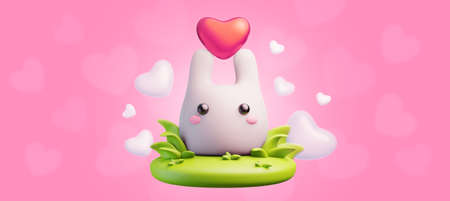 Happy valentine day horizontal illustration with 3d small sweet rabbit with heart on pink color background with grass. Holiday romantic design of bunny for greeting card, poster, bannerの写真素材