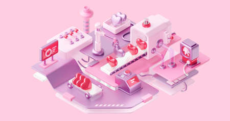 3d illustration of pink factory machine with conveyor and engineering robot arm sorting heart. Technology of modern love at automatic conveyor belt for romantic poster, valentine day bannerの写真素材