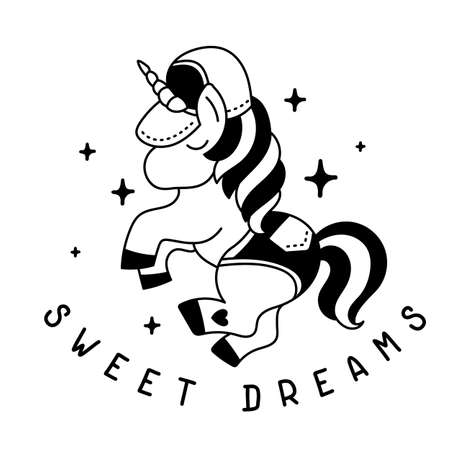 Vector illustration of beautiful black and white unicorn with horn in a cap and shorts on color background with star and word, line art styleのイラスト素材
