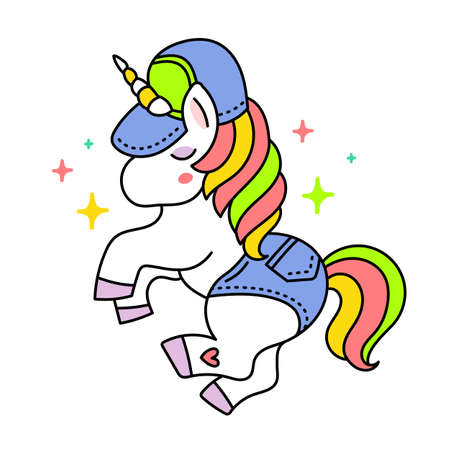 Vector illustration of beautiful unicorn with horn in a cap and shorts on white color background with starのイラスト素材