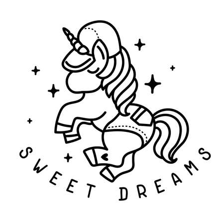 Vector illustration of beautiful black and white unicorn with horn in a cap and shorts on color background with star and word, line art styleのイラスト素材