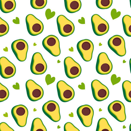 Vector seamless pattern with green and yellow avocado with core on white color background with heartのイラスト素材