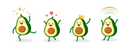 Vector set of illustration of cute happy character green and yellow avocado in different pose on white color background with shadowのイラスト素材