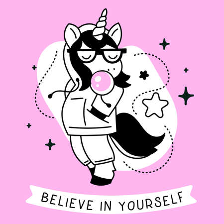 Vector illustration of cool fashion black and white unicorn with pink bubble gum and sunglasses on color background with star and header, line art styleのイラスト素材