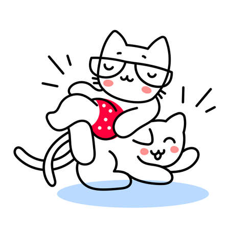 Vector illustration of fun cute cat character in glasses and red shorts lying on another cat on white backgroundのイラスト素材