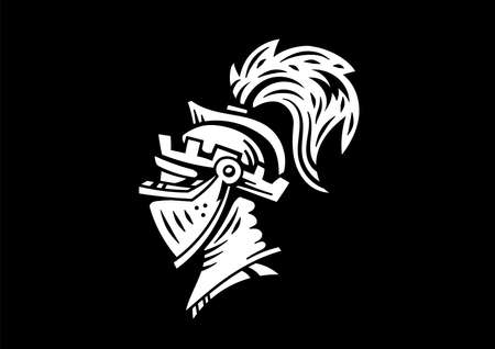 knight head in helmet with feathers on black background. Line art flat style design of white medieval knight headのイラスト素材