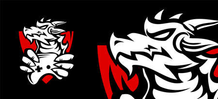 dragon head with joystick on black background. Line art flat style design of strong animal dragon, close and far viewのイラスト素材