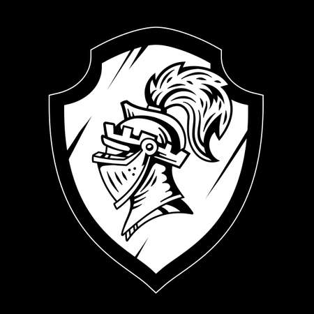 knight head in helmet with feathers on the shield. Line art flat style design of white medieval knight head on black backgroundのイラスト素材