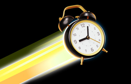 3d illustration of flying retro alarm clock with lightning trail on black color backgroundの写真素材