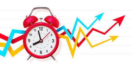 3d illustration of red retro alarm clock with growth arrow chart on white color background, financial analysis timeの写真素材