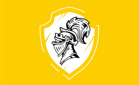 Vector logo knight head in helmet with feathers on the shield. Line art flat style design of black and white medieval knight head on yellow backgroundのイラスト素材