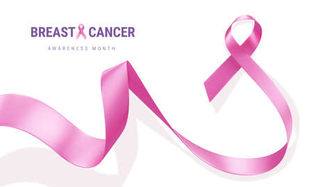 3d illustration of Pink Breast Cancer Awareness Realistic Ribbon with curl and text on White Color Background. Design for Poster, Banner, Print. Symbol of Breast Cancer Awareness Month Campaignの写真素材