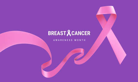 3d illustration of Pink Breast Cancer Awareness Realistic Ribbon with curl and text on Purple Color Background. Symbol of Breast Cancer Awareness Month Campaign. Design for Poster, Banner, Printの写真素材