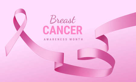 3d illustration of Pink Breast Cancer Awareness Realistic Ribbon with curl and text on Pink Color Background. Design for Poster, Banner, Print. Symbol of Breast Cancer Awareness Month Campaignの写真素材
