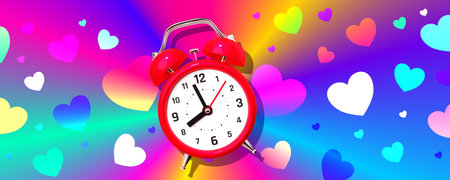 3d illustration of red retro alarm clock with colorful heart pattern on neon rainbow color...