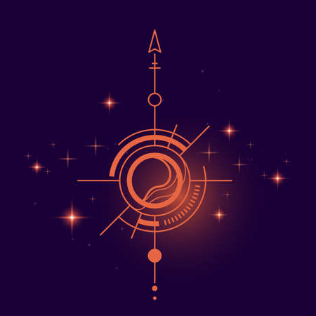 Vector illustration of abstract neon red light space symbol with circle, arrow and line on dark background with starのイラスト素材