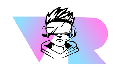 Vector Logo Man Head with Virtual Reality Helmet on White Background with Red and Blue Letter VR. Line Art Flat Style Design of VR User Avatarのイラスト素材