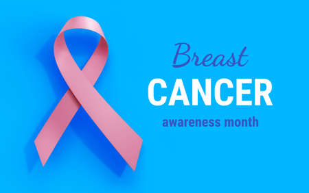 Beautiful Symbol of Breast Cancer Awareness Month Campaign with Text on Blue Color Background. 3d Illustration of Pink Realistic Ribbon with Loop. Design for Poster, Banner, Printの写真素材