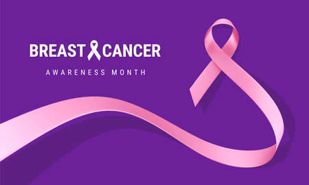 Pink Breast Cancer Awareness Realistic Ribbon with Curl and Text on Purple Color Background. 3d Illustration of Symbol of Breast Cancer Awareness Month Campaign. Design for Poster, Banner, Printの写真素材