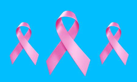Symbol of Breast Cancer Awareness Month Campaign on Blue Color Background. 3d Illustration of Three Pink Realistic Ribbon with Classic Loop. Design for Poster, Banner, Printの写真素材
