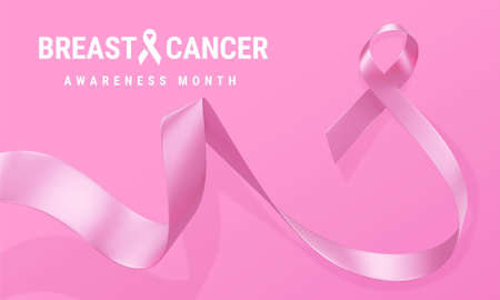 Beautiful Breast Cancer Awareness Realistic Ribbon with Text on Pink Color Background. 3d Illustration of Symbol of Breast Cancer Awareness Month Campaign. Design for Poster, Banner, Printの写真素材