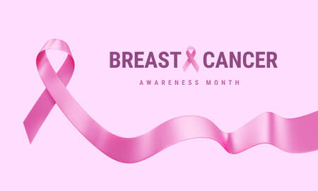 3d Illustration of Breast Cancer Awareness Realistic Ribbon with Wave Curl and Text on Pink Color Background. Design for Poster, Banner, Print. Symbol of Breast Cancer Awareness Month Campaignの写真素材