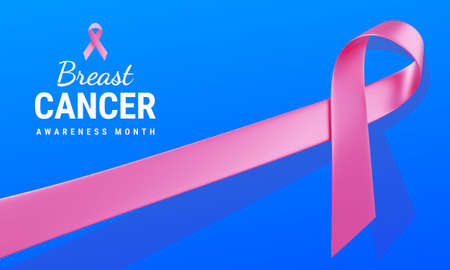 Pink Breast Cancer Awareness Realistic Ribbon with Text on Blue Color Background. 3d Illustration of Symbol of Breast Cancer Awareness Month Campaign. Design for Poster, Banner, Printの写真素材