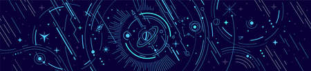 Vector Abstract Horizontal White and Blue Space Illustration with Star, Planet and Line on Dark Backgroundのイラスト素材