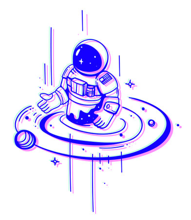 Vector Space Illustration of Blue Ink Color Astronaut in Outer Space with Star and Line on White Backgroundのイラスト素材