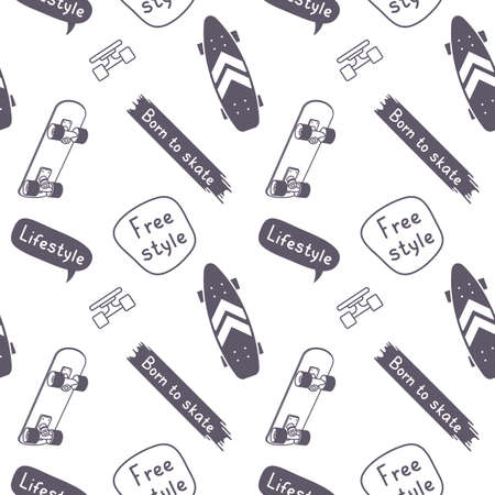 Vector Monochrome Illustration of Flying Skateboard with Lifestyle Phrase. Skateboarding Seamless Pattern with Cartoon Skateboard and Word. Line Art Style Skate Background for T-shirt and Paper Printのイラスト素材