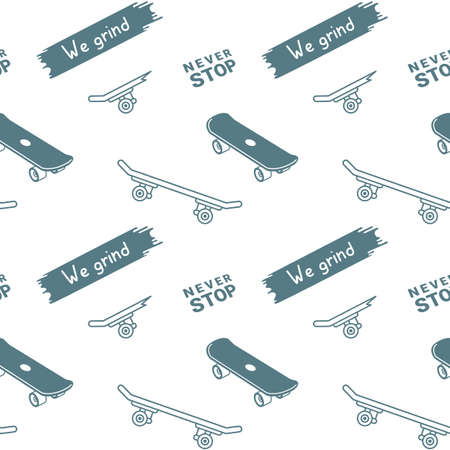 Vector Monochrome Illustration of Flying Skateboard with Phrase. Skateboarding Seamless Pattern with Cartoon Skateboard and Word. Line Art Style Skate Background for T-shirt and Paper Printのイラスト素材
