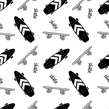 Vector Monochrome Illustration of Flying Different Black Skateboard with Skate Word. Skateboarding Seamless Pattern with Cartoon Skateboard. Line Art Style Design of Skate Background for T-shirt and Paper Printのイラスト素材