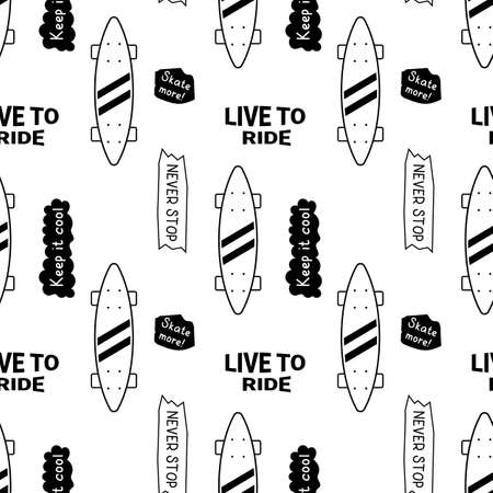 Vector Monochrome Illustration of Flying Black Skateboard with Phrase. Skateboarding Seamless Pattern with Cartoon Skateboard and Word. Line Art Style Skate Background for T-shirt and Paper Printのイラスト素材