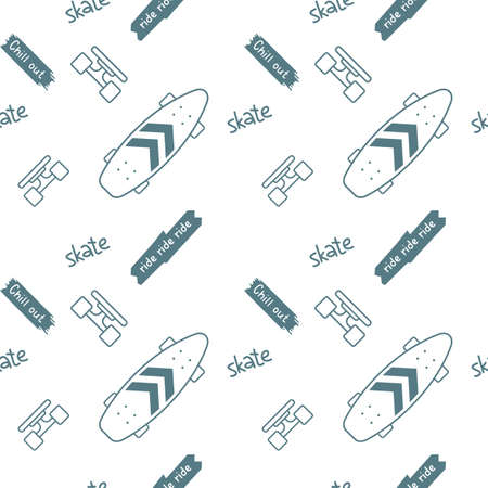 Vector Monochrome Illustration of Flying Skateboard with Phrase. Skateboarding Seamless Pattern with Cartoon Skateboard and Skate Word. Line Art Style Skate Background for T-shirt and Paper Printのイラスト素材