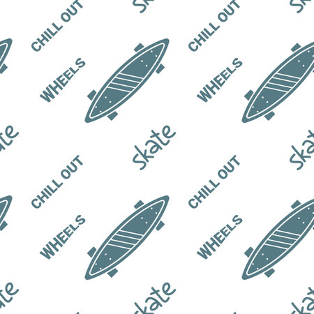 Vector Monochrome Illustration of Flying Skateboard with Skate Phrase. Skateboarding Seamless Pattern with Cartoon Skateboard and Word. Line Art Style Skate Background for T-shirt and Paper Printのイラスト素材