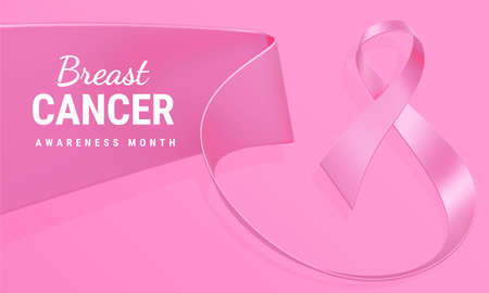 Beautiful Breast Cancer Awareness Realistic Ribbon with Wide Edge and Text on Pink Color Background. 3d Illustration of Symbol of Breast Cancer Awareness Month Campaign. Design for Poster, Banner, Printの写真素材