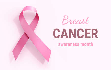 3d Illustration of Pink Realistic Ribbon with Loop and Shadow. Beautiful Symbol of Breast Cancer Awareness Month Campaign with Text on Light Background. Design for Poster, Banner, Printの写真素材