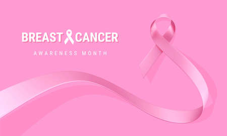 Elegant Breast Cancer Awareness Realistic Ribbon with Text on Pink Color Background. 3d Illustration of Symbol of Breast Cancer Awareness Month Campaign. Design for Poster, Banner, Printの写真素材