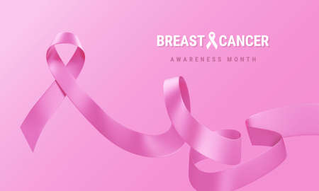 3d illustration of Breast Cancer Awareness Realistic Ribbon with Curl and Text on Pink Color Background. Design for Poster, Banner, Print. Symbol of Breast Cancer Awareness Month Campaignの写真素材